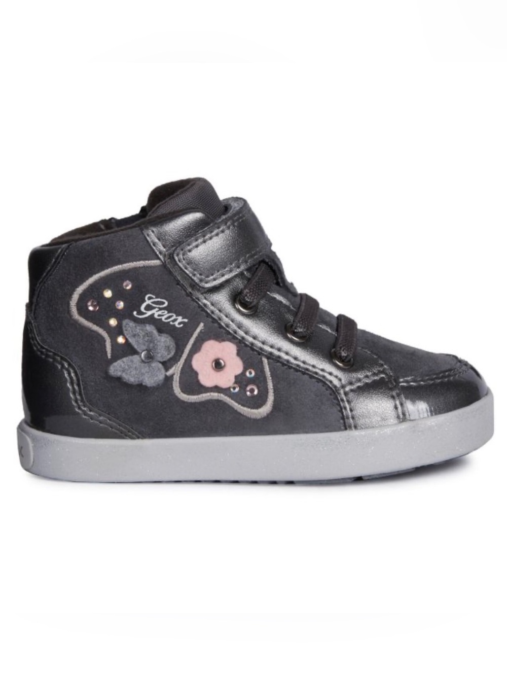 Geox Girls Black High-Top Sneakers with Pink & Gray Floral Accents